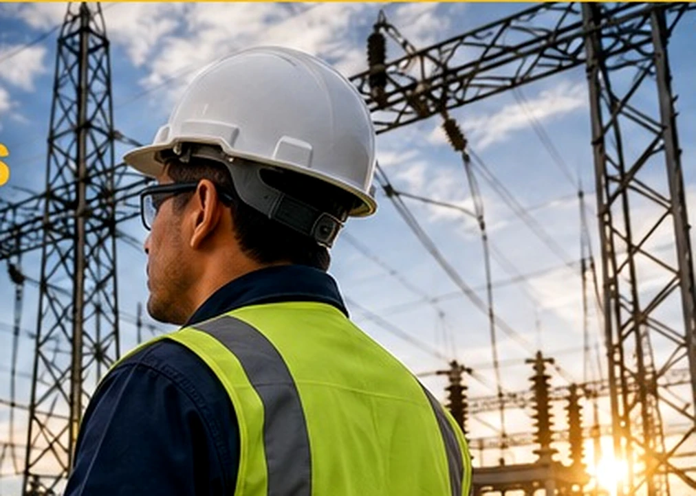 Supervisor de seguridad con casco y chaleco frente a una subestación eléctrica